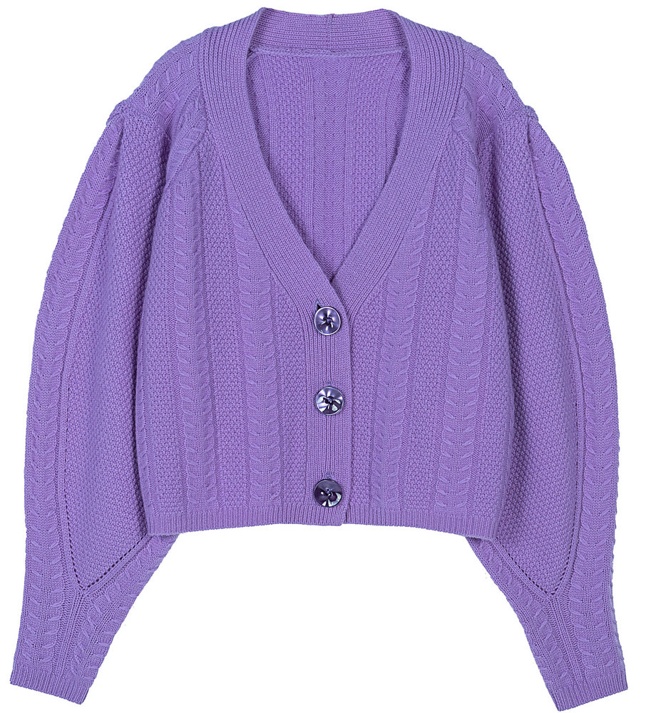 21046 WOMEN’S KNITWEAR V NECK BIG FRENCH SLEEVE CABLE CARDIGAN MOQ 200PCS/COLOR