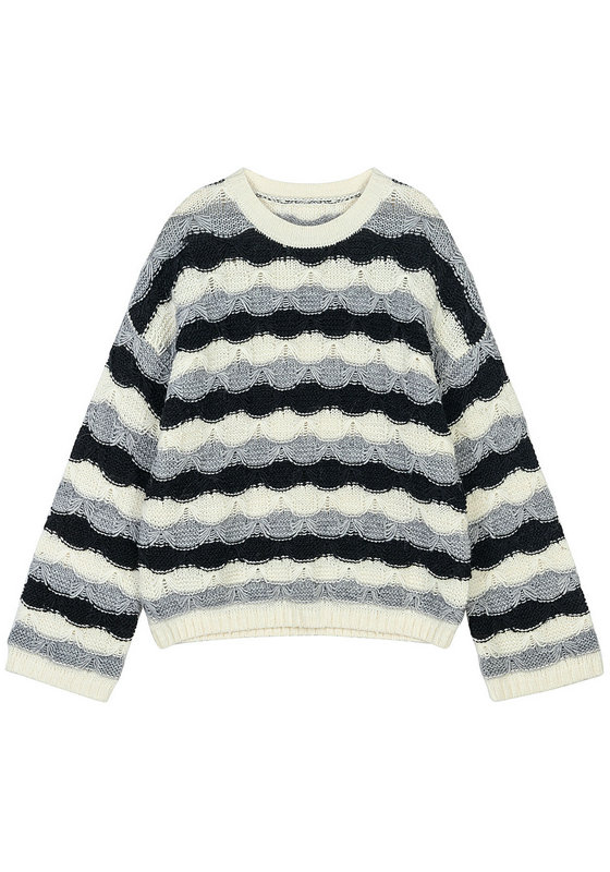 21048 WOMEN'S KNITWEAR ROUND NECK LONG SLEEVE 3 COLORS WAVING STRIPES PULLOVER MOQ 200PCS/COLOR
