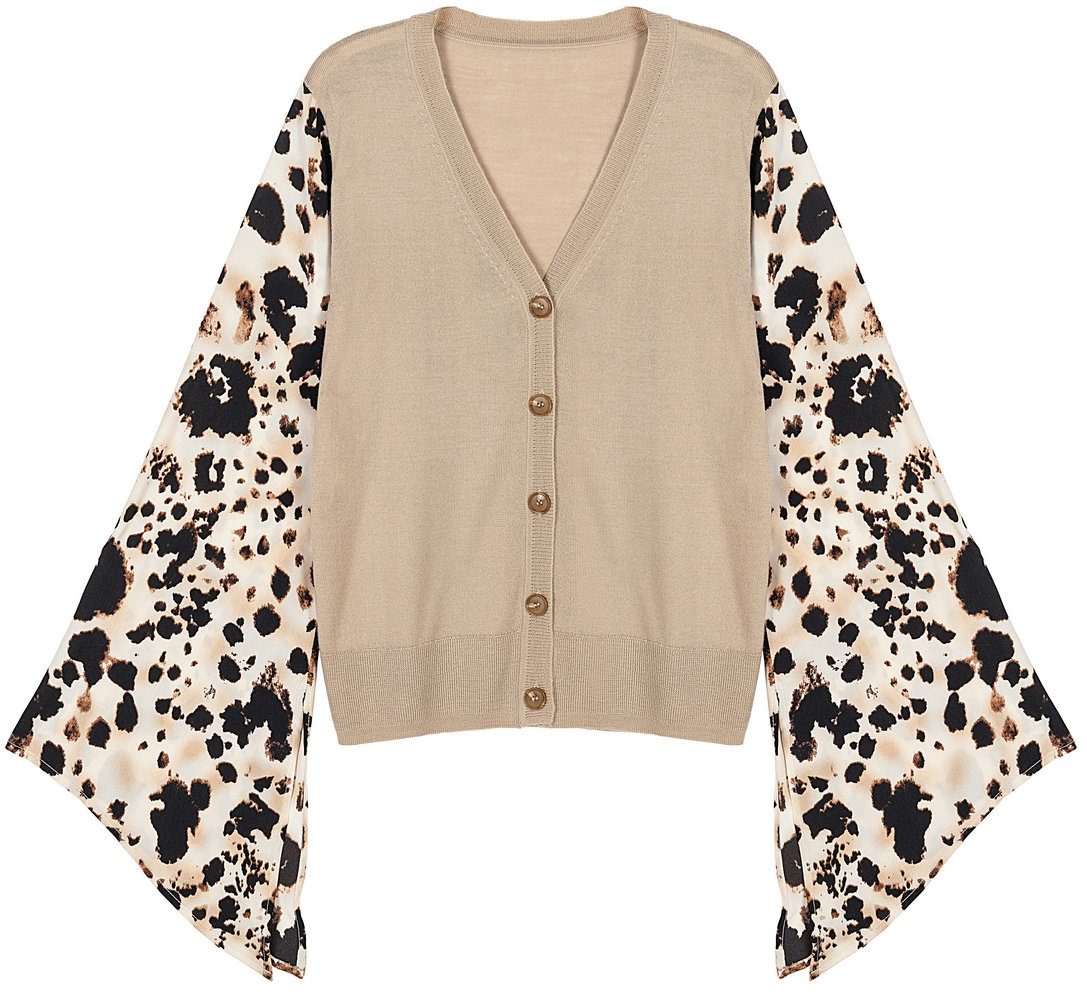 21060 WOMEN’S CARDIGAN KNITTED V NECK  WITH LEOPARD PRINTING WOVEN FLARE SLEEVE MOQ 200PCS/COLOR
