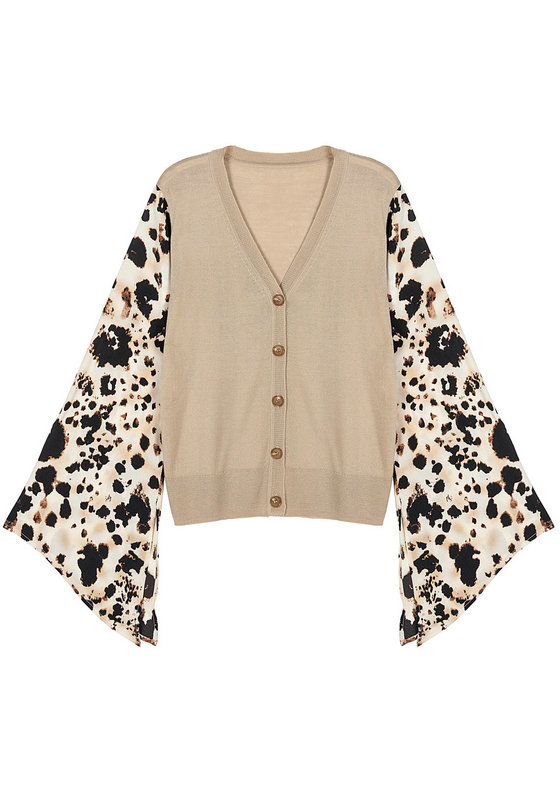 21060 WOMEN'S CARDIGAN KNITTED V NECK  WITH LEOPARD PRINTING WOVEN FLARE SLEEVE MOQ 200PCS/COLOR