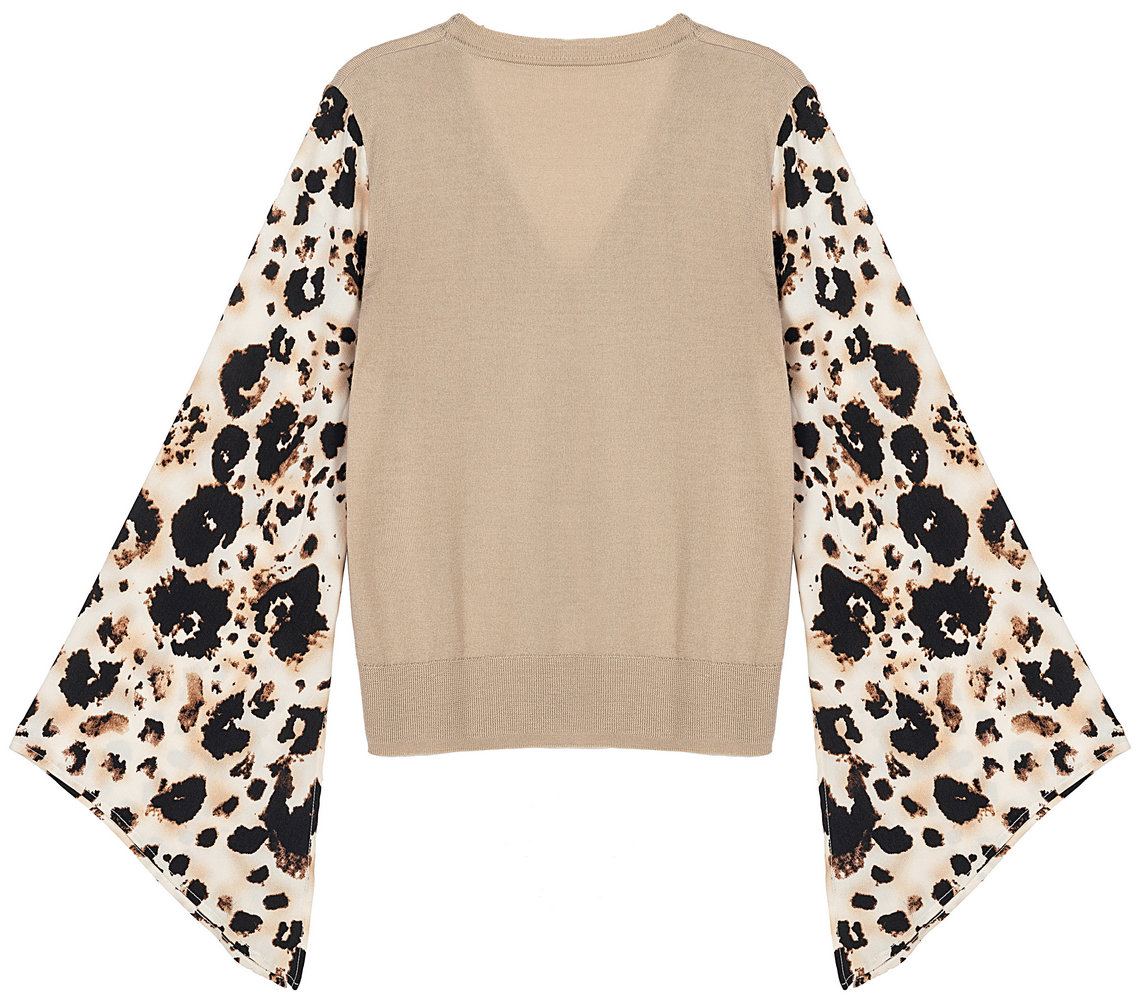 21060 WOMEN’S CARDIGAN KNITTED V NECK  WITH LEOPARD PRINTING WOVEN FLARE SLEEVE MOQ 200PCS/COLOR
