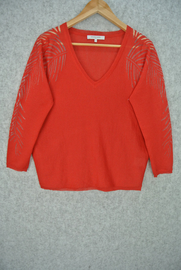 DJU01J227 WOMEN’S JUMPER KNITTED V NECK 3/4 SLEEVE LEAVES BURN OUT MOQ 200PCS/COLOR