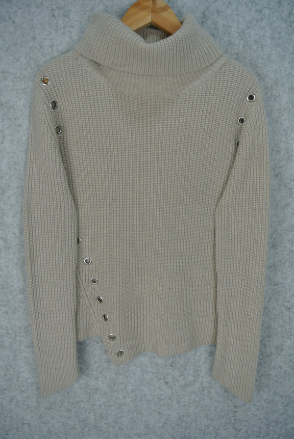 H17406  WOMEN’S JUMPER KNITTED TURTLE NECK LONG SLEEVE WITH EYELETS AT ARMHOLE AND FRONT SIDE AS DECORATION MOQ 200PCS/COLOR