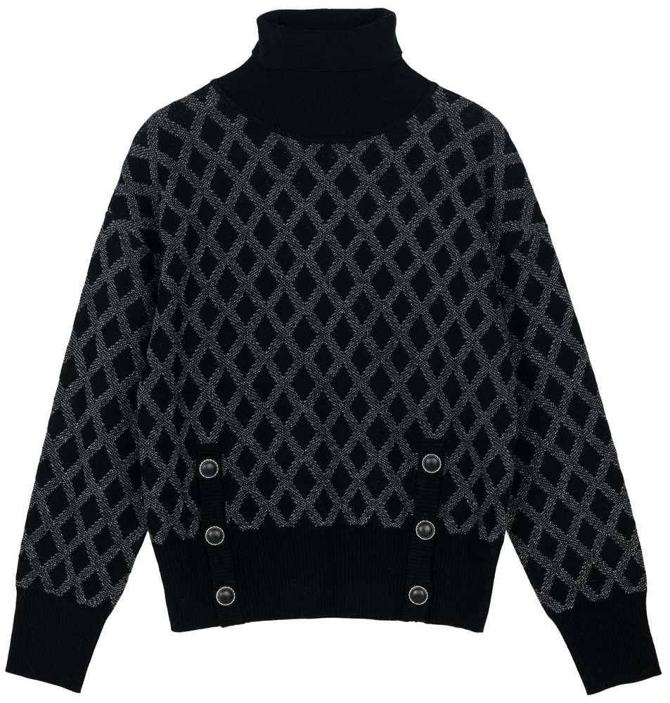 21091 WOMEN’S JUMPER KNITTED TURTLE NECK LONG SLEEVE DIAMOND JACQUARD BUTTONS ON FRONT BOTTOM  MOQ 200PCS/COLOR