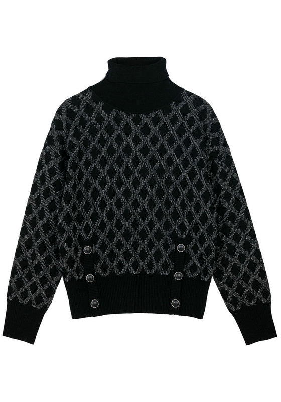 21091 WOMEN'S JUMPER KNITTED TURTLE NECK LONG SLEEVE DIAMOND JACQUARD BUTTONS ON FRONT BOTTOM  MOQ 200PCS/COLOR