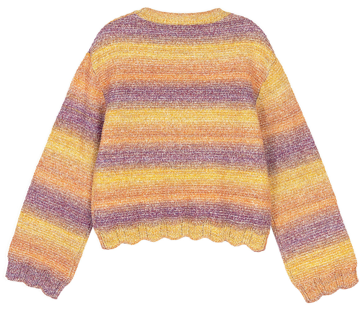 21096 WOMEN’S JUMPER KNITTED ROUND NECK LONG SLEEVE COLORFUL STRIPE JACQUARD ZIGZAG BOTTOM AND CUFF MOQ 200PCS/COLOR
