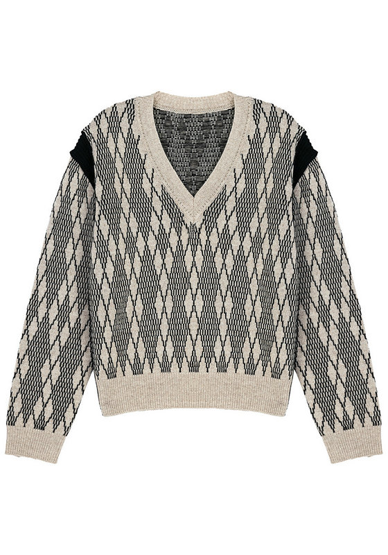 21098  WOMEN'S JUMPER KNITTED V NECK LONG SLEEVE DIAMOND JACQUARD MOQ 200PCS/COLOR