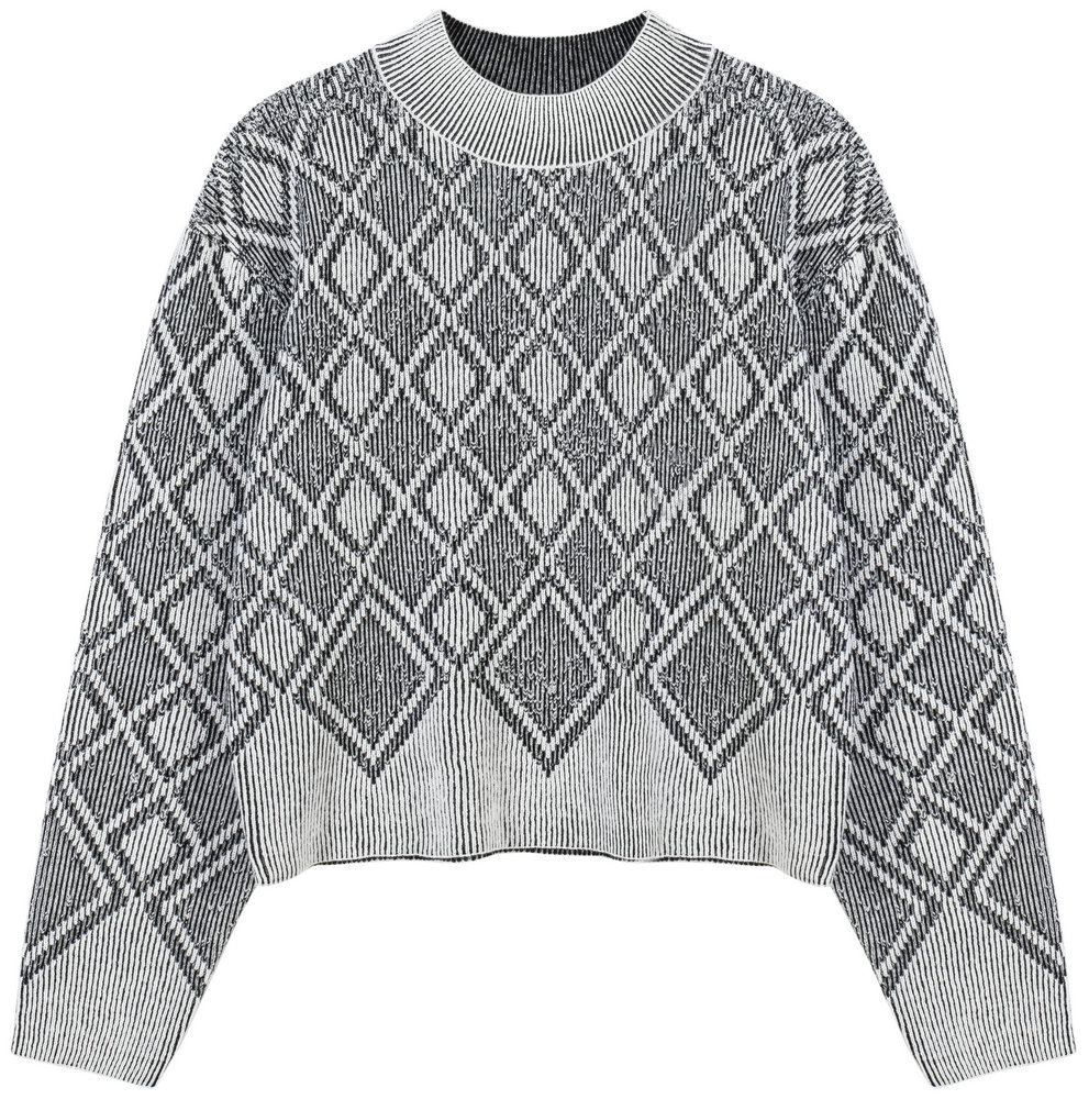 21102  WOMEN’S JUMPER KNITTED MOCK NECK LONG SLEEVE 2 COLORS DIAMOND JACQUARD MOQ 200PCS/COLOR