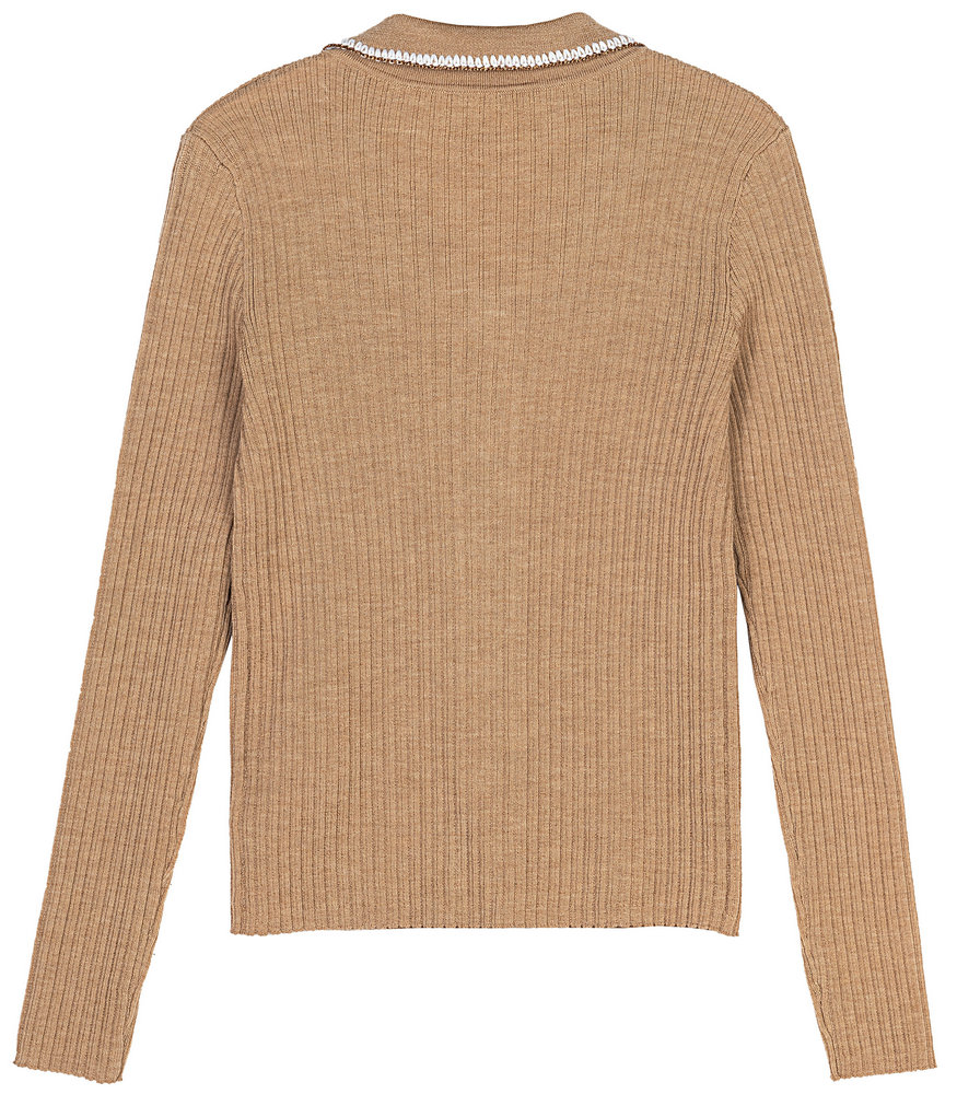 21122   WOMEN’S CARDIGAN KNITTED RIB ALL OVER LONG SLEEVE LAPEL WITH HAND EMBROIDERY EDGE AND LUREX LINE MOQ 200PCS/COLOR