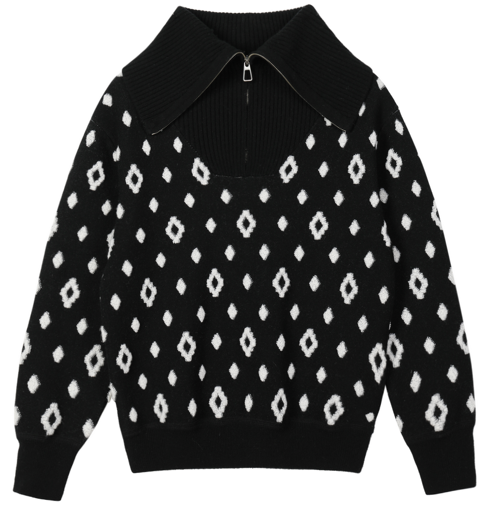 21110 WOMEN’S JUMPER KNITTED TURTLE NECK WITH ZIPPER LONG SLEEVE DIAMOND JACQUARD ALL OVER MOQ 200PCS/COLOR