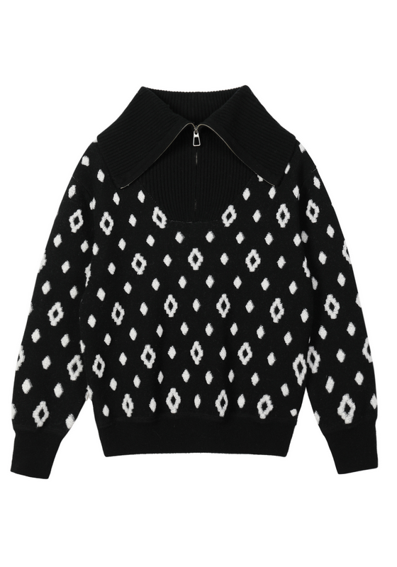 21110 WOMEN'S JUMPER KNITTED TURTLE NECK WITH ZIPPER LONG SLEEVE DIAMOND JACQUARD ALL OVER MOQ 200PCS/COLOR