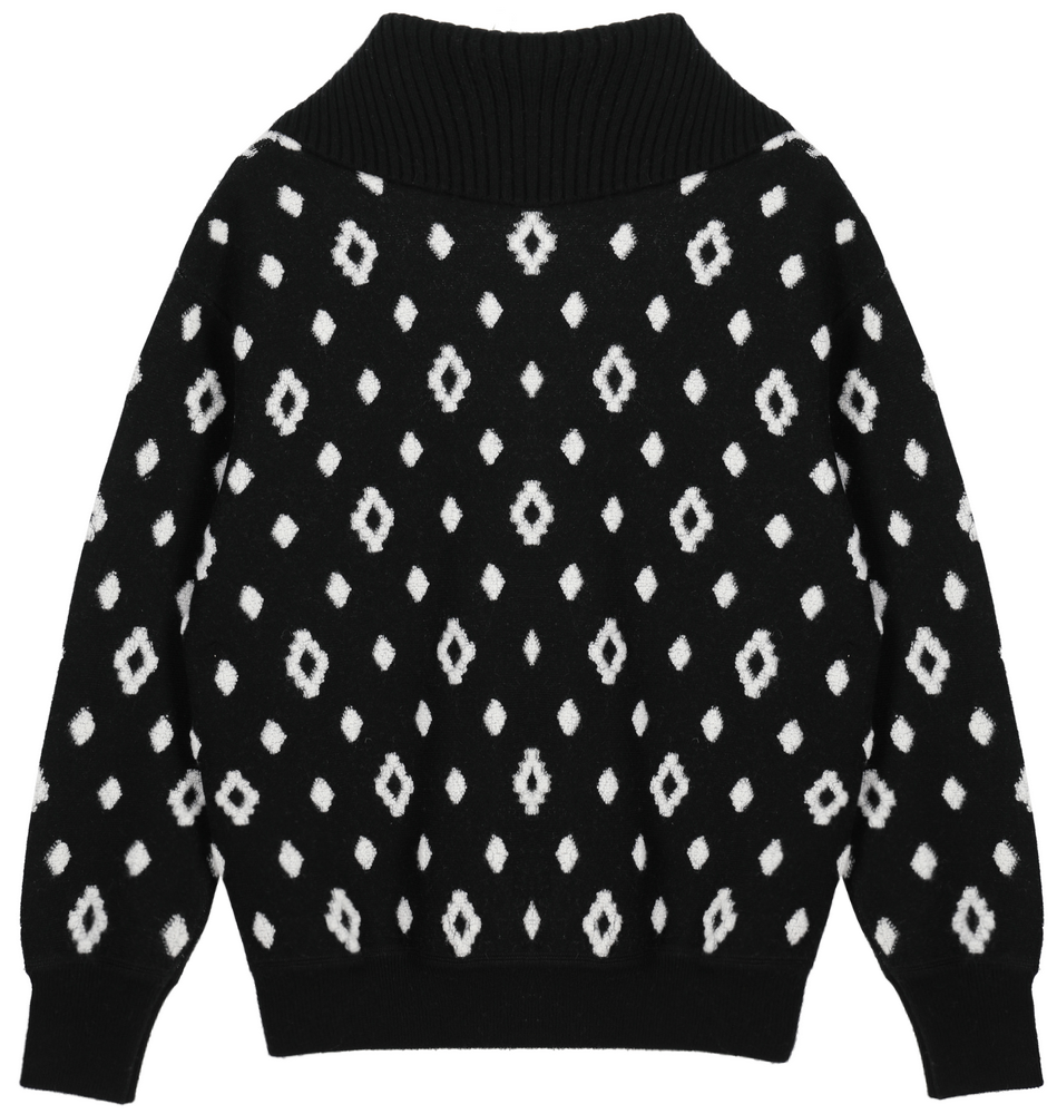 21110 WOMEN’S JUMPER KNITTED TURTLE NECK WITH ZIPPER LONG SLEEVE DIAMOND JACQUARD ALL OVER MOQ 200PCS/COLOR