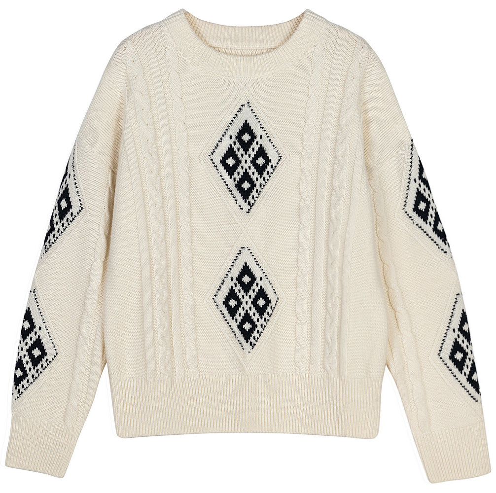 21112 WOMEN’S JUMPER KNITTED ROUND NECK LONG SLEEVE CABLE AND DIAMOND JACQUARD MOQ 200PCS/COLOR