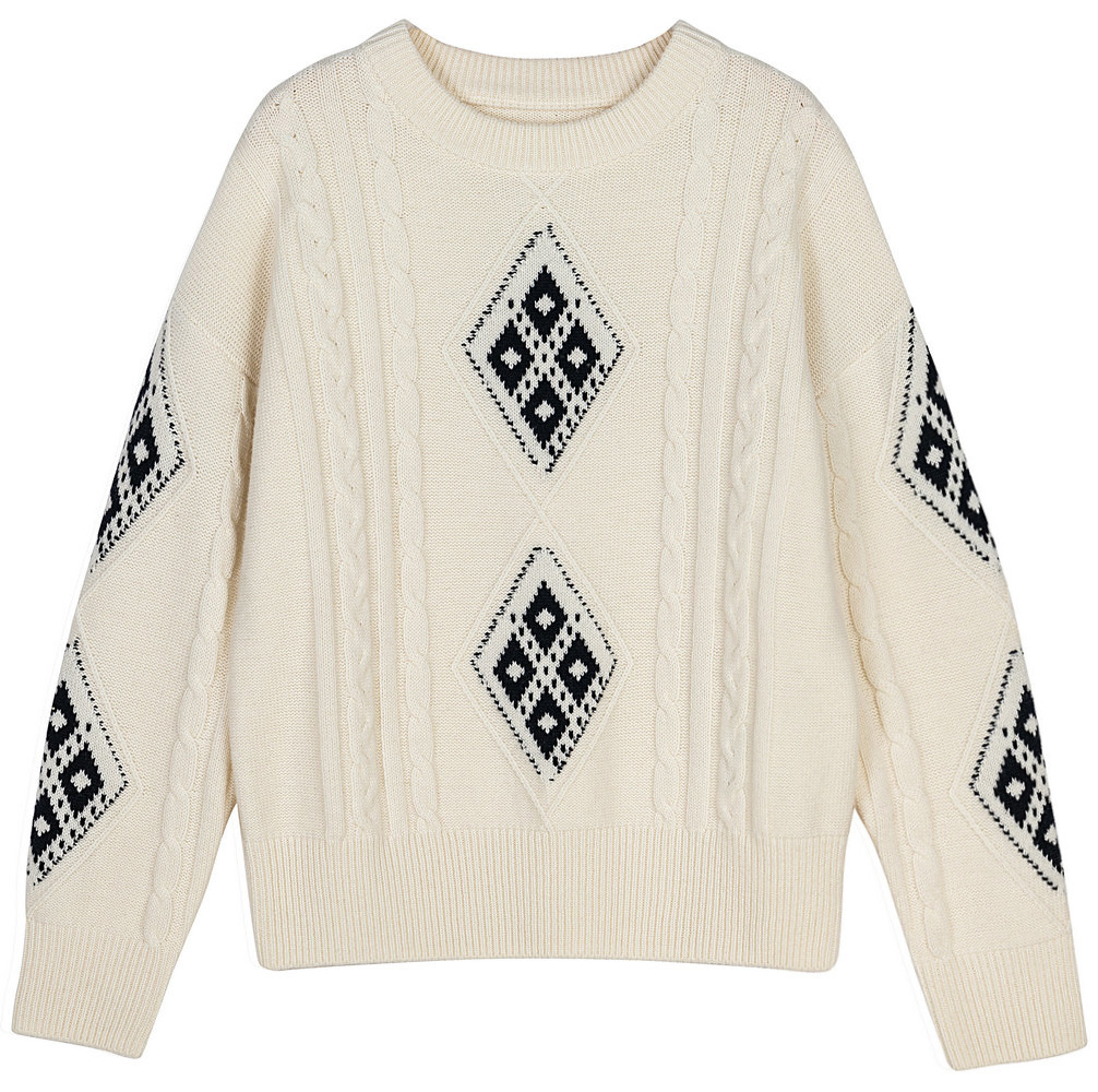 21112 WOMEN’S JUMPER KNITTED ROUND NECK LONG SLEEVE CABLE AND DIAMOND JACQUARD MOQ 200PCS/COLOR