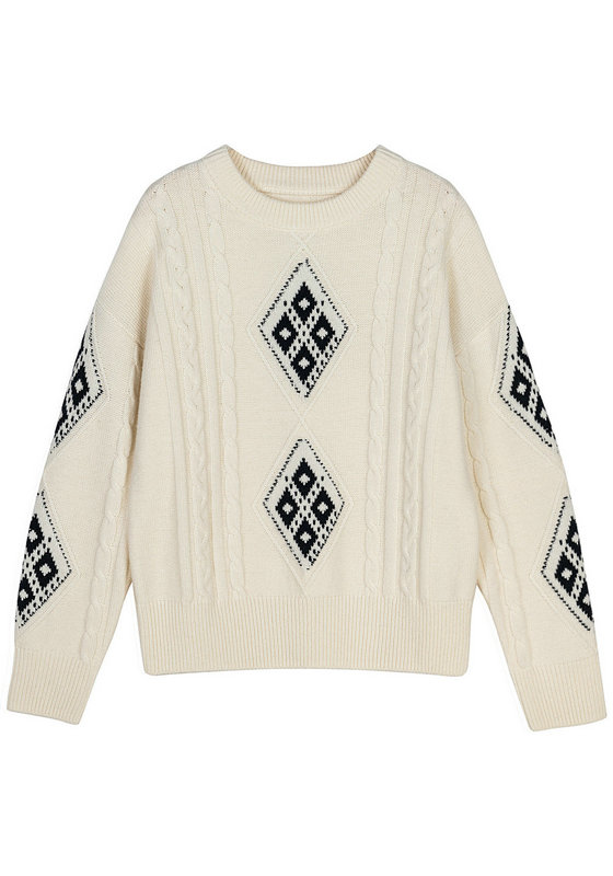 21112 WOMEN'S JUMPER KNITTED ROUND NECK LONG SLEEVE CABLE AND DIAMOND JACQUARD MOQ 200PCS/COLOR