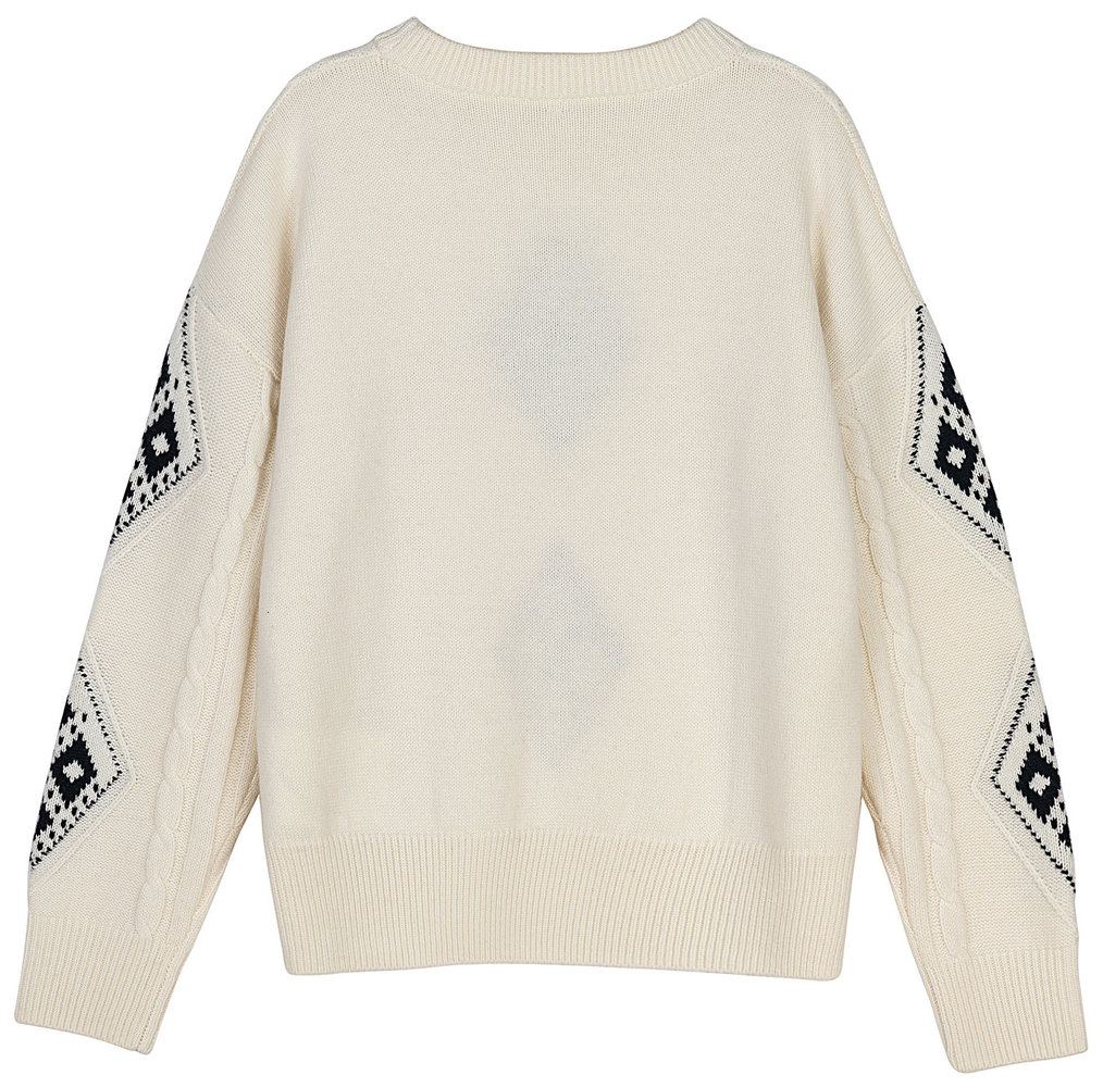 21112 WOMEN’S JUMPER KNITTED ROUND NECK LONG SLEEVE CABLE AND DIAMOND JACQUARD MOQ 200PCS/COLOR