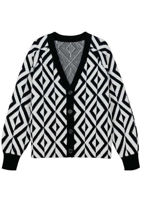 21114 WOMEN'S CARDIGAN KNITTED V NECK LONG SLEEVE BLACK AND WHITE ZIGZAG JACQUARD WITH BUTTONS MOQ 200PCS/COLOR