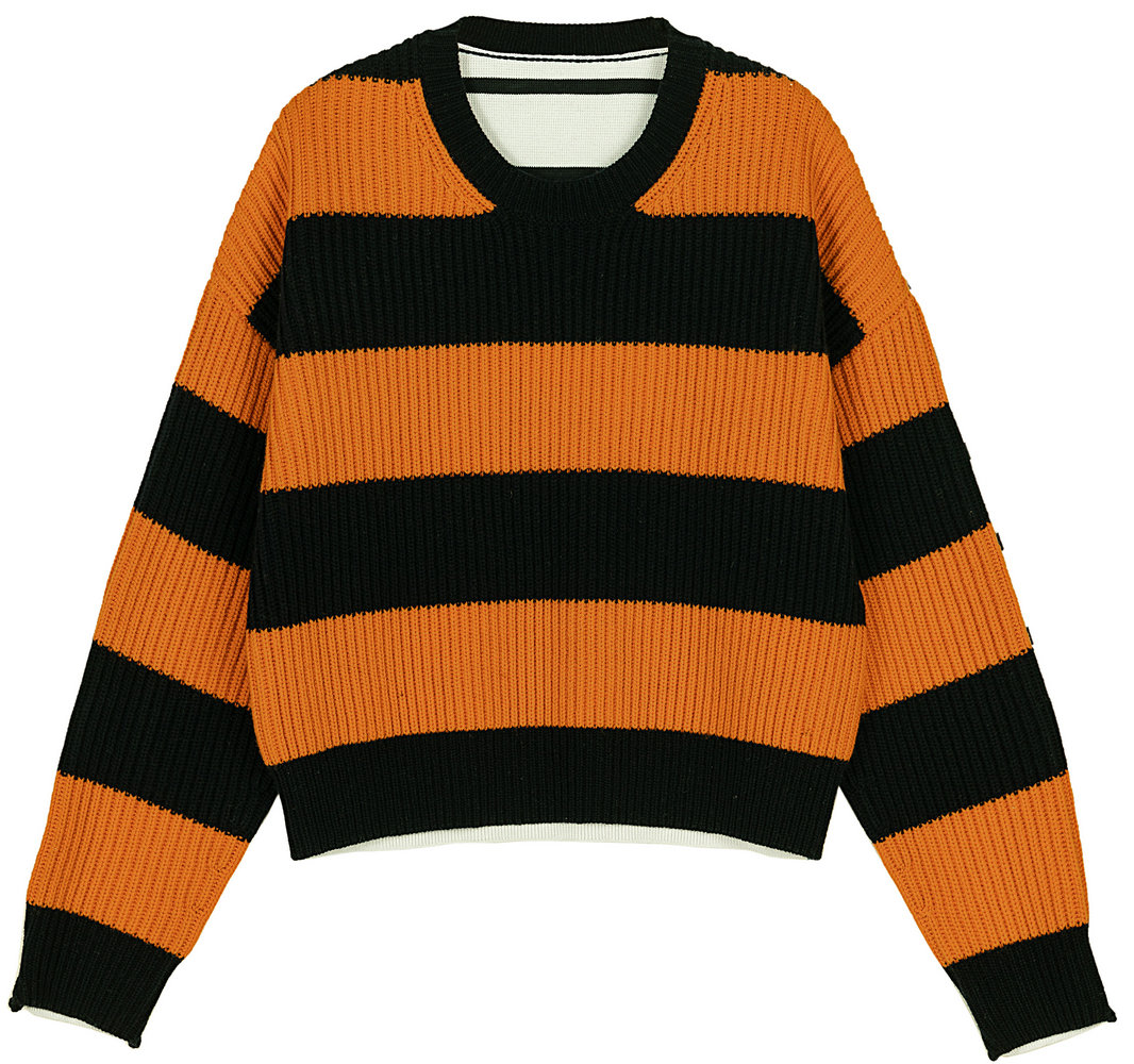 21117-A  WOMEN’S JUMPER KNITTED ROUND NECK LONG SLEEVE FRONT 5GG WIDE STRIPES BACK 12GG THIN STRIPES MOQ 200PCS/COLOR