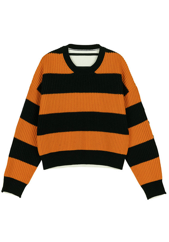21117-A  WOMEN'S JUMPER KNITTED ROUND NECK LONG SLEEVE FRONT 5GG WIDE STRIPES BACK 12GG THIN STRIPES MOQ 200PCS/COLOR