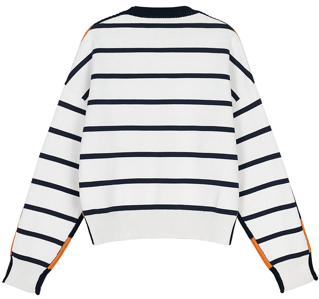 21117-A  WOMEN’S JUMPER KNITTED ROUND NECK LONG SLEEVE FRONT 5GG WIDE STRIPES BACK 12GG THIN STRIPES MOQ 200PCS/COLOR