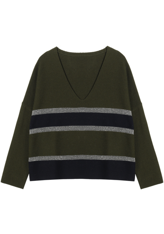 21146 WOMEN'S JUMPER KNITTED V NECK LONG SLEEVE STRIPES MOQ 200PCS/COLOR