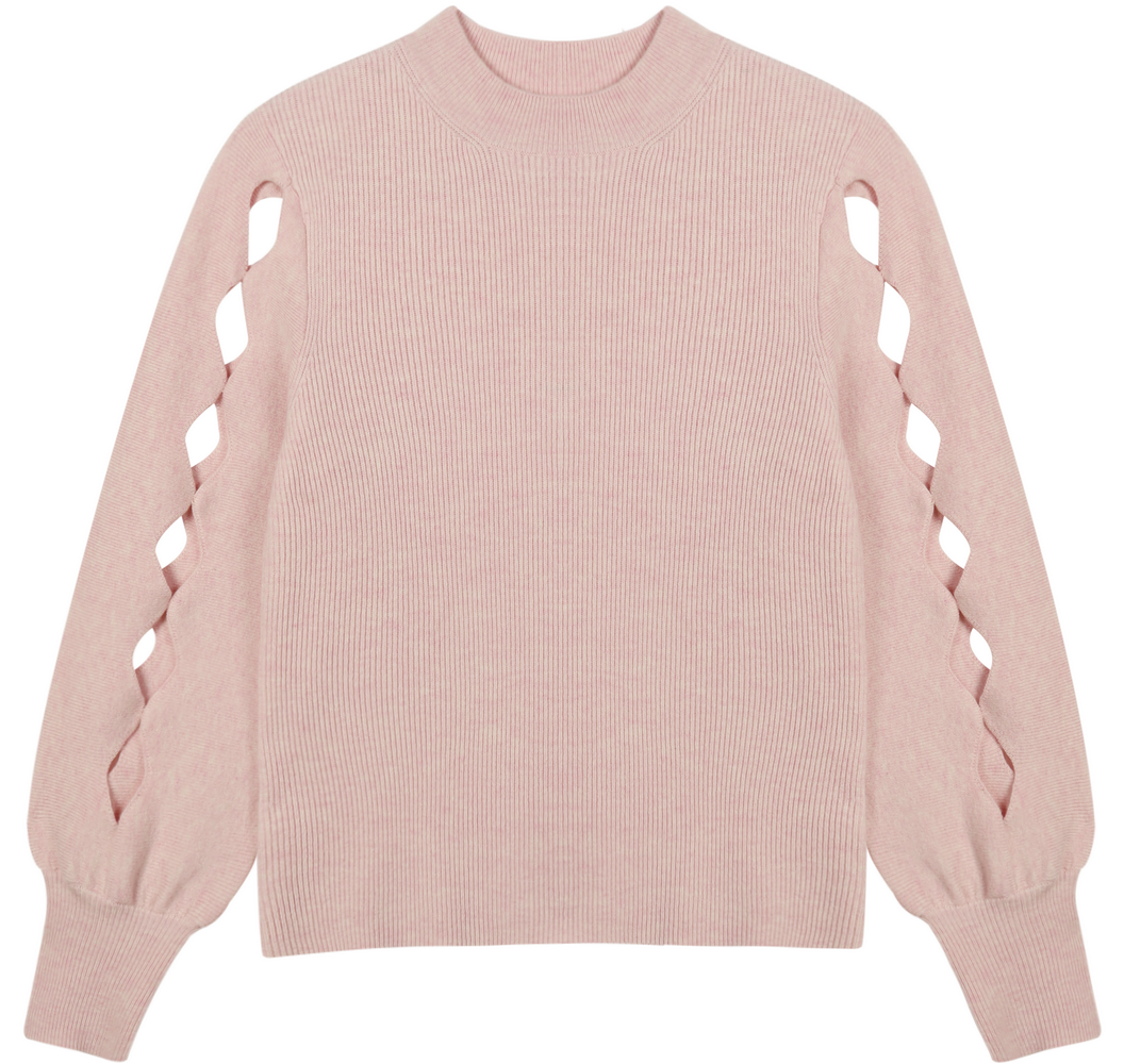 21147  WOMEN’S JUMPER KNITTED ROUND NECK BIG FRENCH SLEEVE WITH DIAMOND HOLES MOQ 200PCS/COLOR