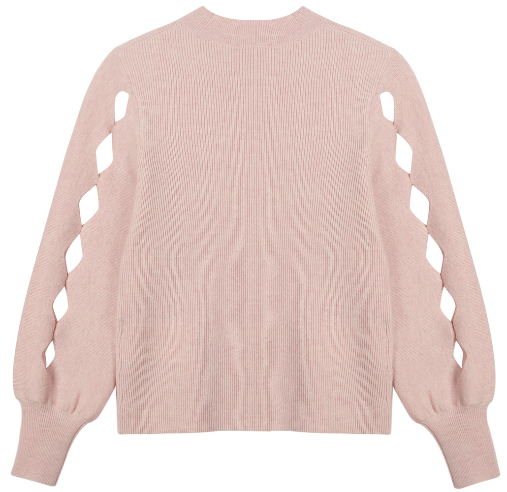 21147  WOMEN’S JUMPER KNITTED ROUND NECK BIG FRENCH SLEEVE WITH DIAMOND HOLES MOQ 200PCS/COLOR