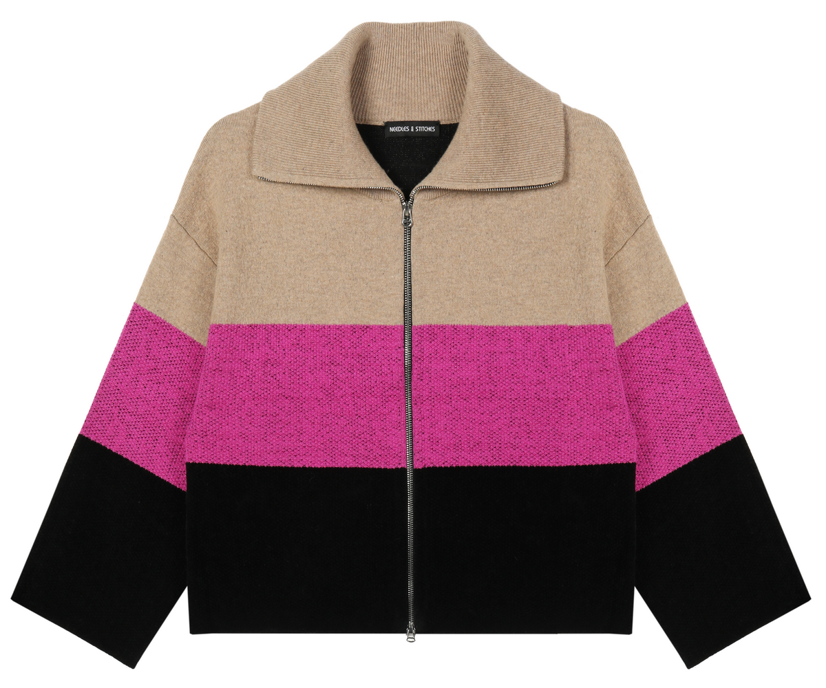 21130 WOMEN’S COAT KNITTED TURNDOWN COLLAR LONG SLEEVE 3 COLORS WIDE STRIPS WITH ZIPPER MOQ 200PCS/COLOR