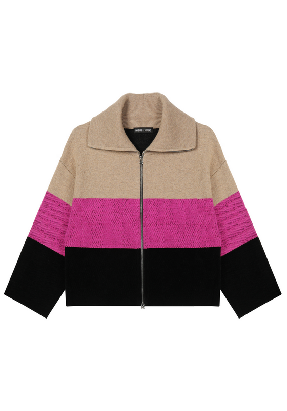 21130 WOMEN'S COAT KNITTED TURNDOWN COLLAR LONG SLEEVE 3 COLORS WIDE STRIPS WITH ZIPPER MOQ 200PCS/COLOR