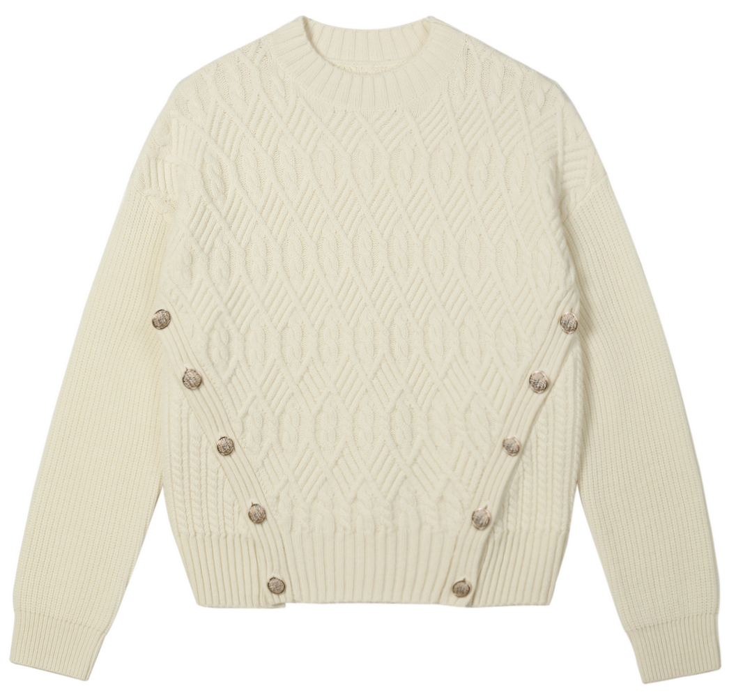 21137 WOMEN’S JUMPER KNITTED ROUND NECK LONG SLEEVE CABLE JACQUARD WITH BUTTONS AS DECORATION MOQ 200PCS/COLOR