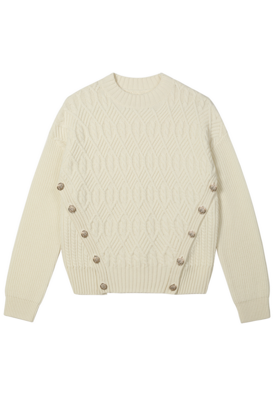 21137 WOMEN'S JUMPER KNITTED ROUND NECK LONG SLEEVE CABLE JACQUARD WITH BUTTONS AS DECORATION MOQ 200PCS/COLOR