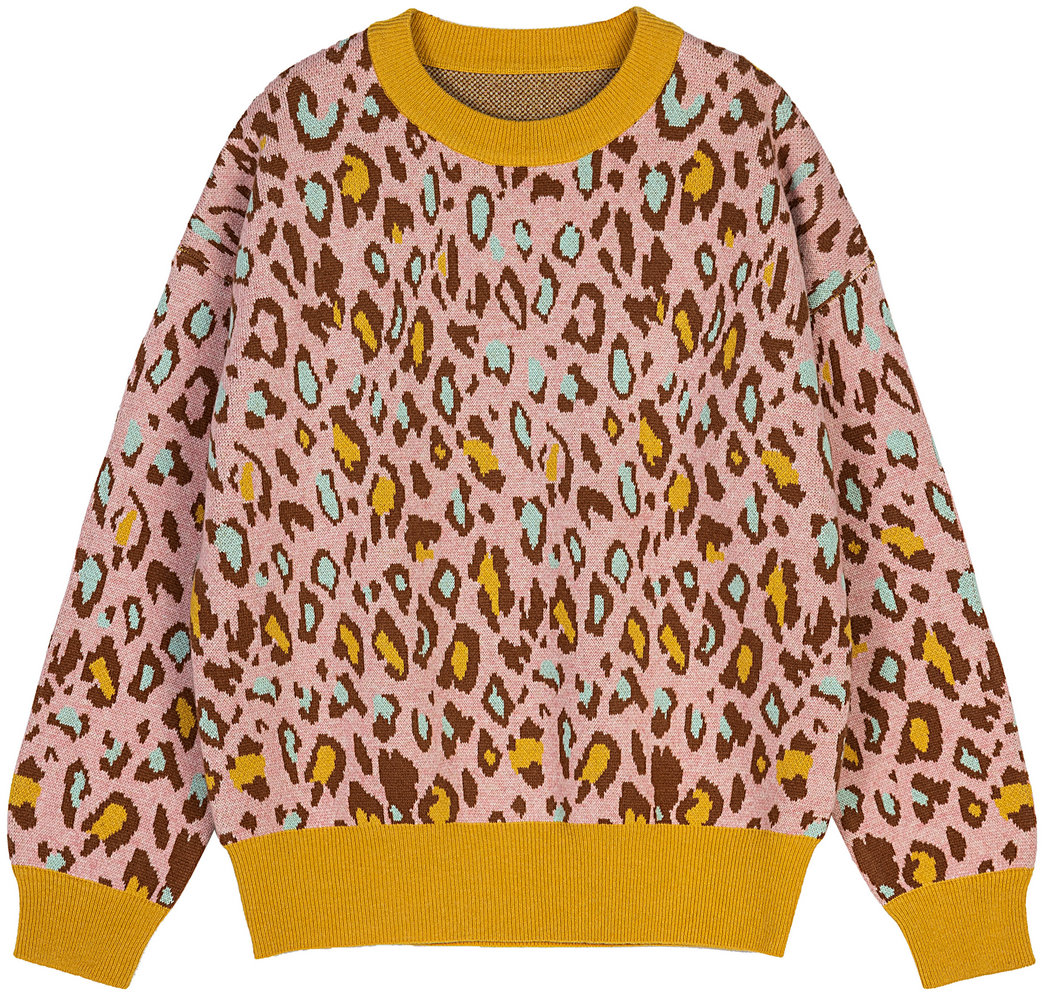 21109 WOMEN’S JUMPER KNITTED ROUND NECK LONG SLEEVE LEOPARD JACQUARD PATTERN COLORFUL MOQ 200PCS/COLOR