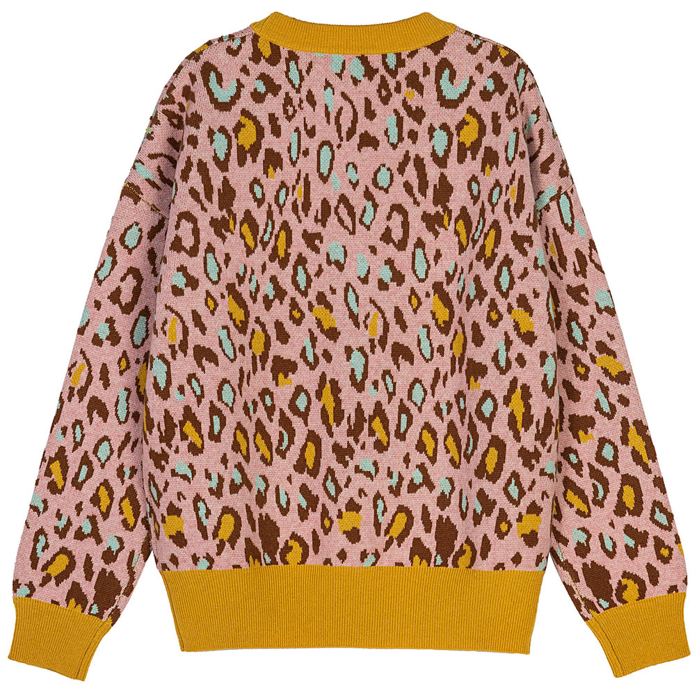 21109 WOMEN’S JUMPER KNITTED ROUND NECK LONG SLEEVE LEOPARD JACQUARD PATTERN COLORFUL MOQ 200PCS/COLOR