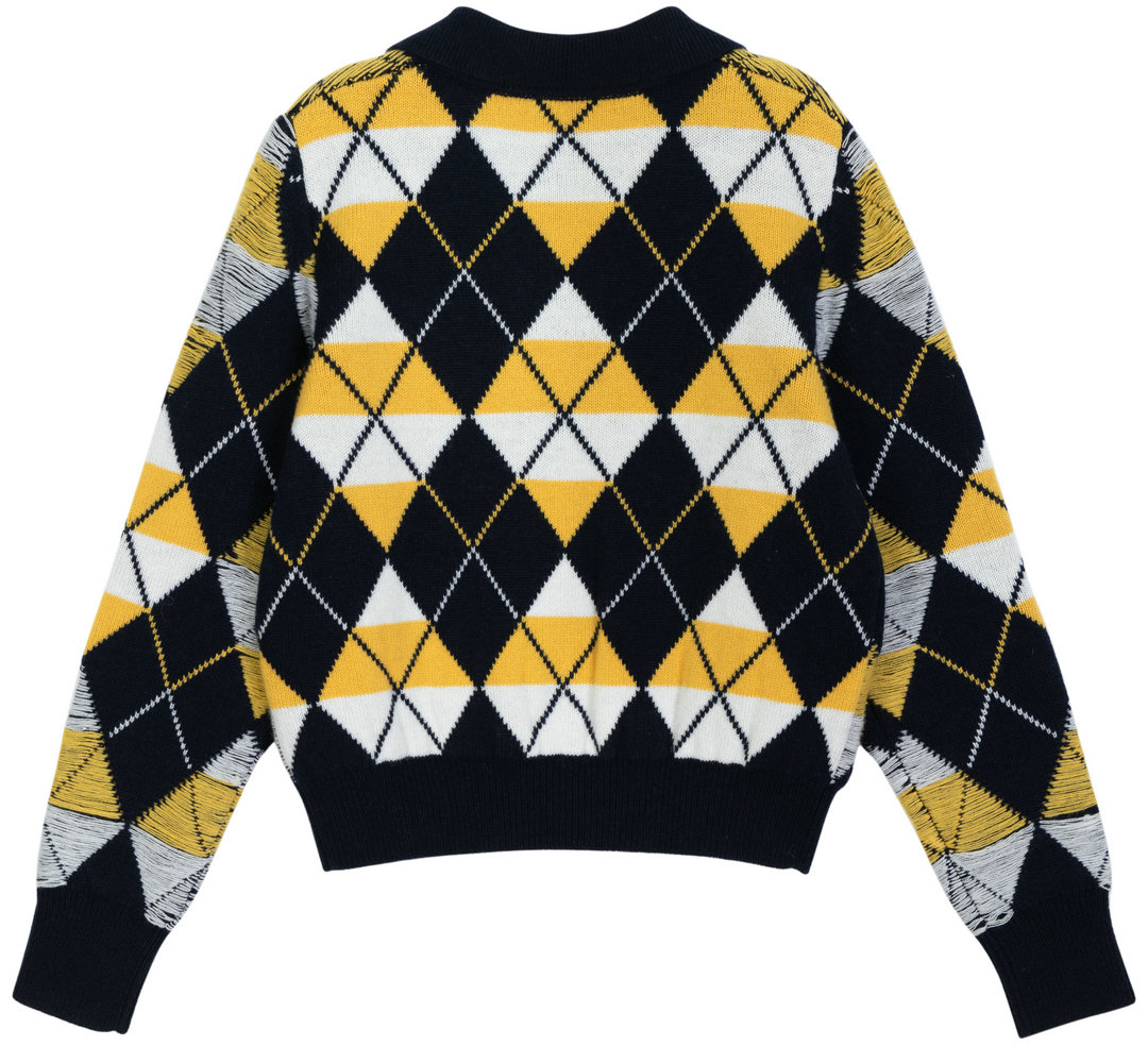 21127-A WOMEN’S KNITTED JUMPER SHIRT NECK LONG SLEEVE DIAMOND JACQUARD DROP STITCH HALF PLACKET WITH BUTTONS MOQ 200PCS/COLOR