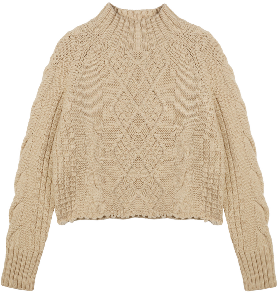 21140  WOMEN’S KNITTED JUMPER DIAMOND AND CABLE JACQUARD RAW BOTTOM EDGE MOQ 200PCS/COLOR