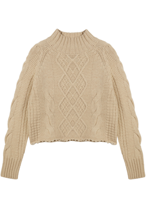 21140  WOMEN'S KNITTED JUMPER DIAMOND AND CABLE JACQUARD RAW BOTTOM EDGE MOQ 200PCS/COLOR