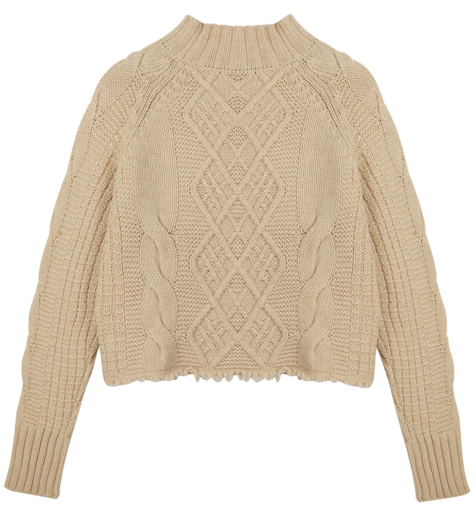 21140  WOMEN’S KNITTED JUMPER DIAMOND AND CABLE JACQUARD RAW BOTTOM EDGE MOQ 200PCS/COLOR