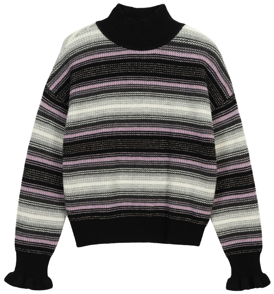21154 WOMEN’S KNITTED JUMPER MOCK NECK LONG SLEEVE STRIPES WITH RUFFLE CUFF MOQ 200PCS/COLOR