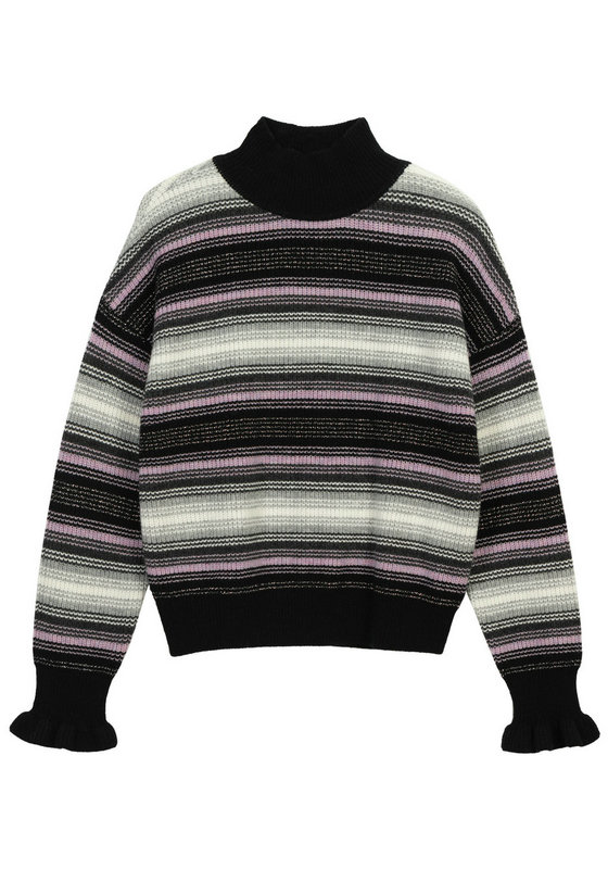 21154 WOMEN'S KNITTED JUMPER MOCK NECK LONG SLEEVE STRIPES WITH RUFFLE CUFF MOQ 200PCS/COLOR