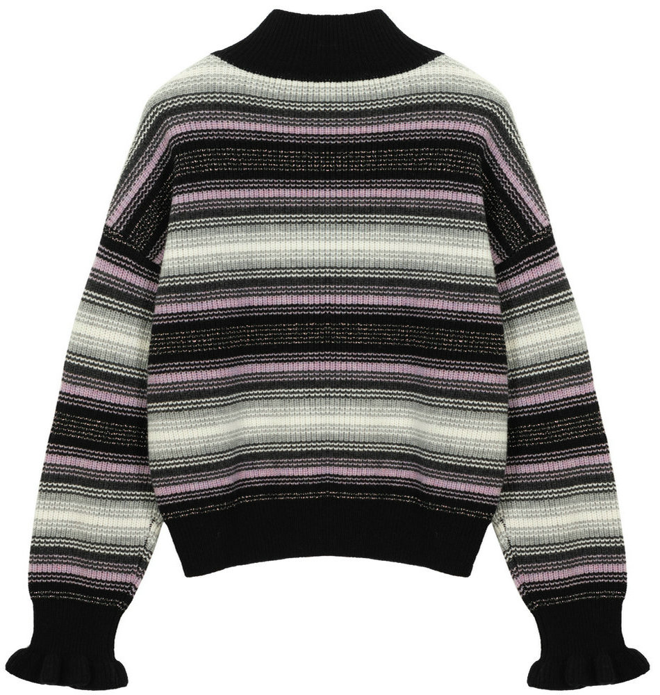 21154 WOMEN’S KNITTED JUMPER MOCK NECK LONG SLEEVE STRIPES WITH RUFFLE CUFF MOQ 200PCS/COLOR