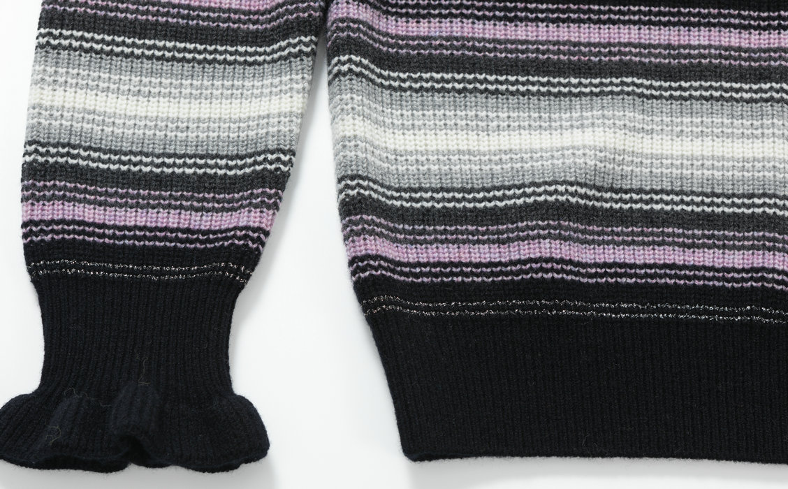 21154 WOMEN’S KNITTED JUMPER MOCK NECK LONG SLEEVE STRIPES WITH RUFFLE CUFF MOQ 200PCS/COLOR