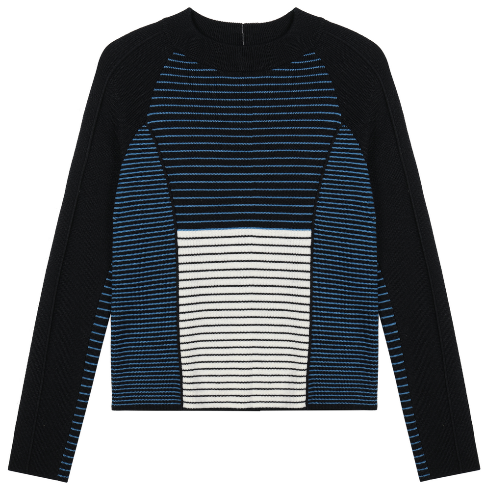 22004 WOMEN’S KNITTED CARDIGAN ROUND NECK LONG SLEEVE STRIPES AND BLOCKS JACQUARD ZIPPER AT BACK MOQ 200PCS/COLOR