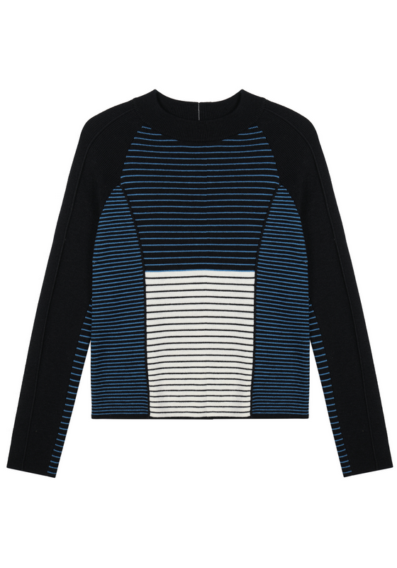 22004 WOMEN'S KNITTED CARDIGAN ROUND NECK LONG SLEEVE STRIPES AND BLOCKS JACQUARD ZIPPER AT BACK MOQ 200PCS/COLOR