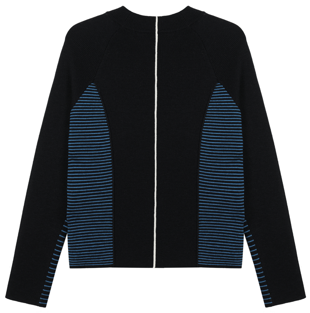 22004 WOMEN’S KNITTED CARDIGAN ROUND NECK LONG SLEEVE STRIPES AND BLOCKS JACQUARD ZIPPER AT BACK MOQ 200PCS/COLOR