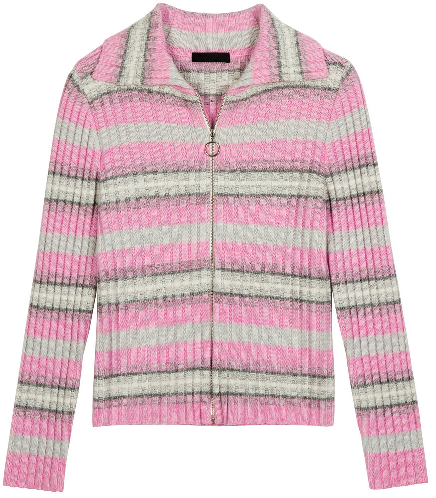 22005  WOMEN’S KNITTED CARDIGAN LAPEL LONG SLEEVE STRIPES ALL OVER WITH ZIPPER IN FRONT MOQ 200PCS/COLOR