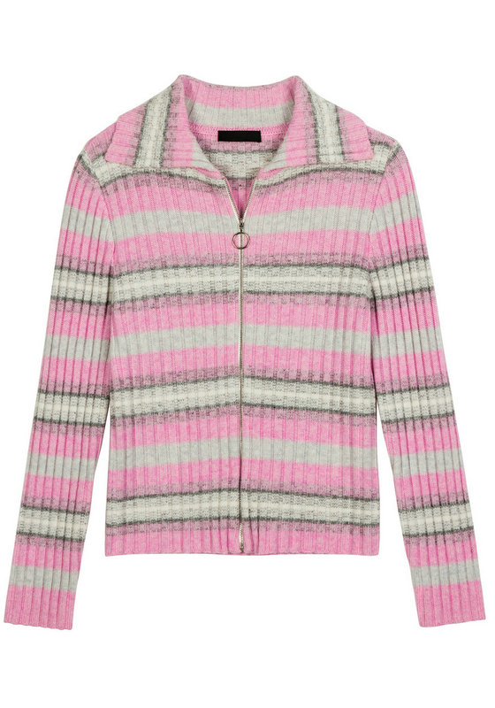 22005  WOMEN'S KNITTED CARDIGAN LAPEL LONG SLEEVE STRIPES ALL OVER WITH ZIPPER IN FRONT MOQ 200PCS/COLOR