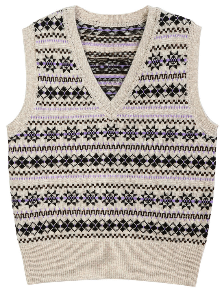 22009-A  WOMEN’S KNITTED TANK V NECK FAIR ISLAND JACQUARD MOQ 200PCS/COLOR