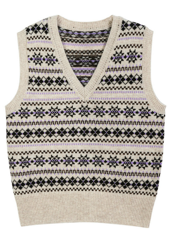 22009-A  WOMEN'S KNITTED TANK V NECK FAIR ISLAND JACQUARD MOQ 200PCS/COLOR