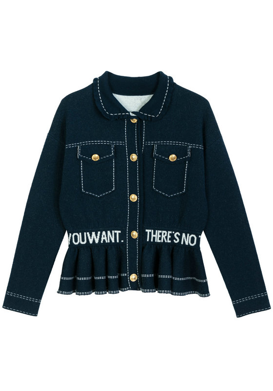 22012 WOMEN'S KNITTED RUFFLE SQUARE NECK LONG SLEEVE CARDIGAN IMITATION JEANS WITH WORDS JACQUARD AND RUFFLE BOTTOM EDGE MOQ 200PCS/COLOR