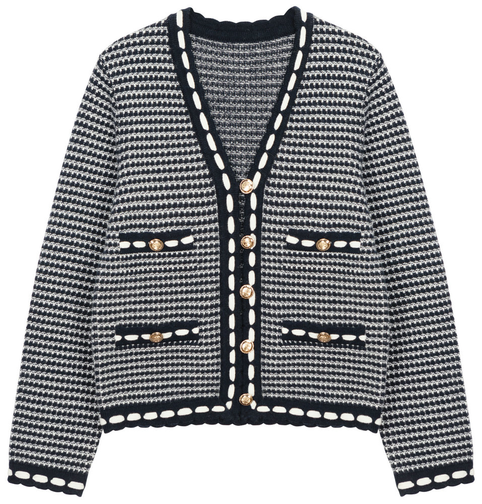 22031 WOMEN’S KNITTED CARDIGAN V NECK LONG SLEEVE STRIPE JACQUARD WITH TAPE AS DECORATION MOQ 200PCS/COLOR